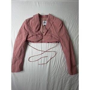 Zara Womens Pink Cropped Wrap Blazer Tie Front Jacket Size Medium